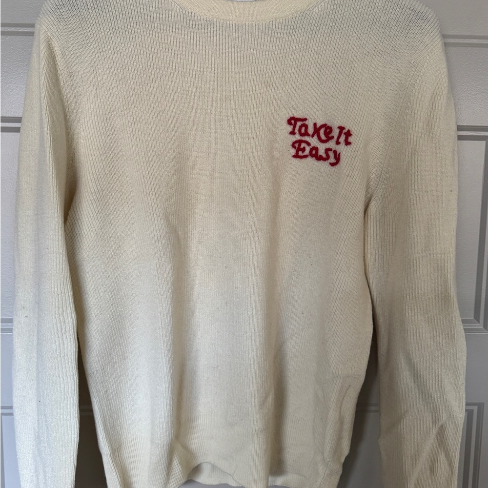 Sandro Cream Crewneck Sweater with Red Embroidery